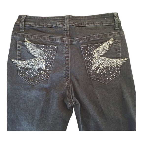 Rebel & Soul Embellished Skinny Jean Glitzy Wings Black Stretch Denim women's 10 - Picture 5 of 16